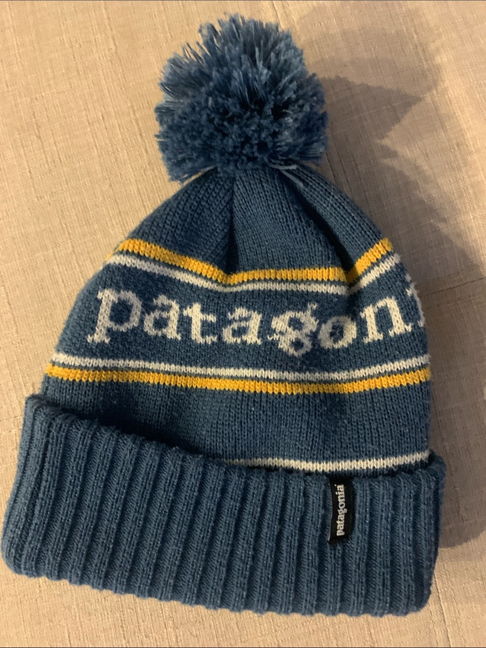 Patagonia beanie adult Navy Blue Pom Beanie with Yellow Stripes